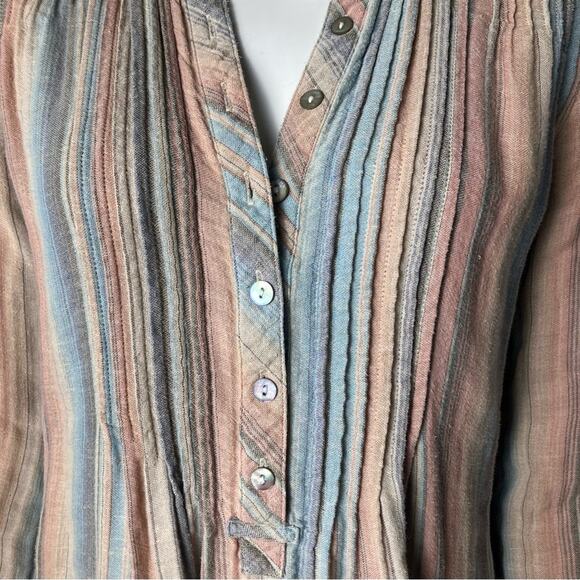 Faherty top small button up peasant madras pastel linen rainbow beachy Baja - Picture 2 of 10